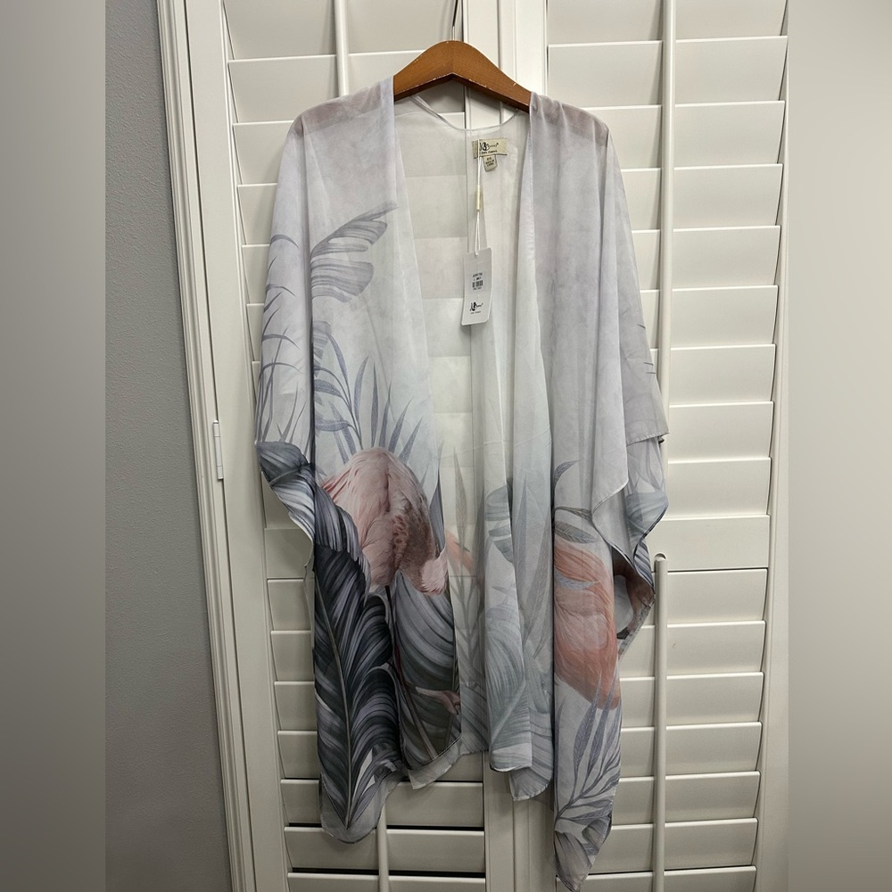 JC Sunny Lightweight Kimono Flamingo Tropical Leaf Print Grey Pink OS JC091730
